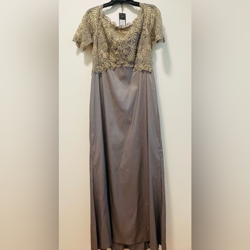 Tadashi Shoji Gold Lace Bodice Taupe Satin Evening Gown